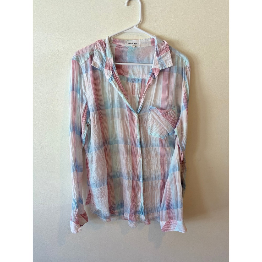 Bella Dahl Plaid Button Down Shirt Pink Blue White Frayed Hem Large